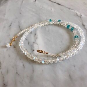 New Genuine Natural Blue Fire Rainbow Moonstone Apatite Gold Filled Necklace